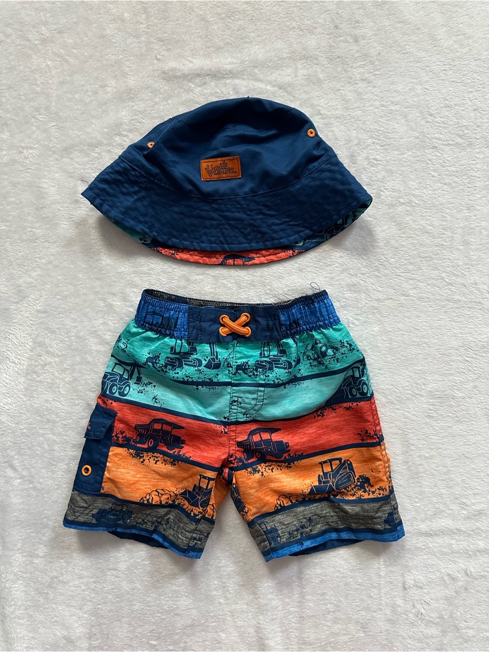 UV Skinz Construction Vehicle Swim Trunks & Matching Bucket Hat Toddler Boys 2T